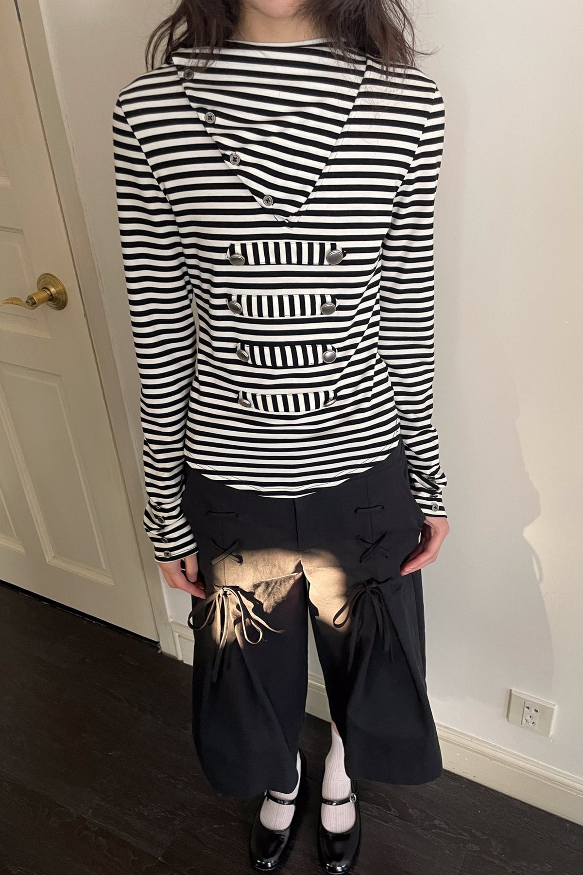 Metal Buckle Striped Knit Hood Top