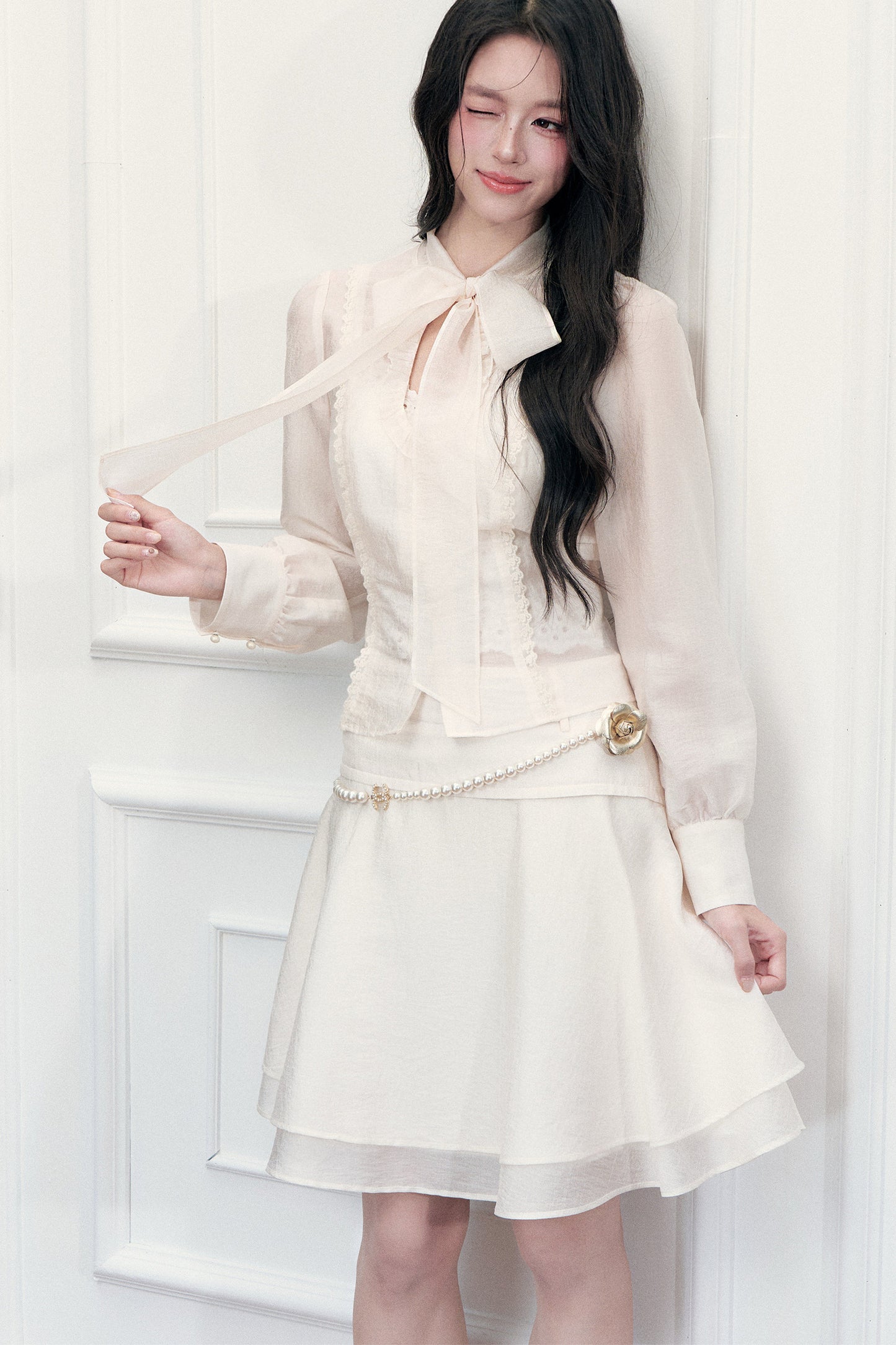 Ribbon Tie Cutout Top and A-Line Short Skirt Set-Up