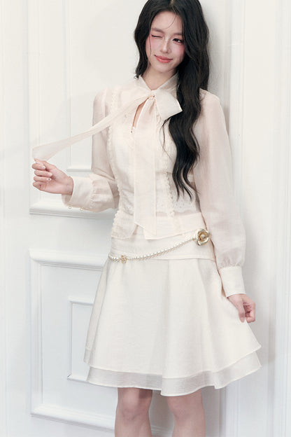 Ribbon Tie Cutout Top and A-Line Short Skirt Set-Up