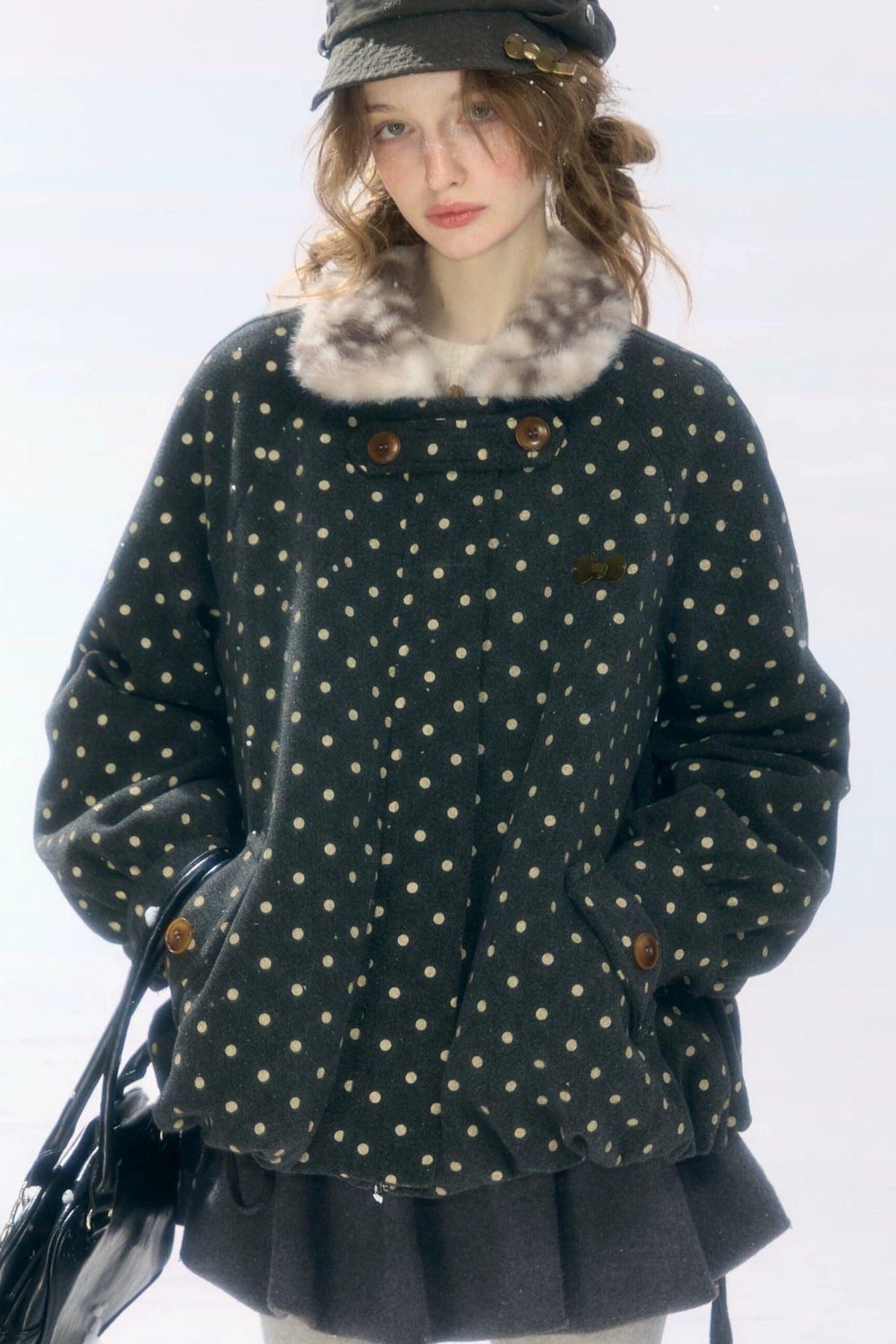 Short Polka Dot Plush Collar Cotton Jacket
