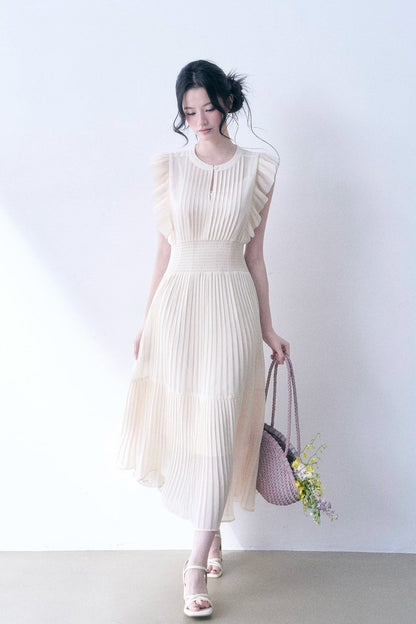 Beige Pleated Ruched Waist Dress