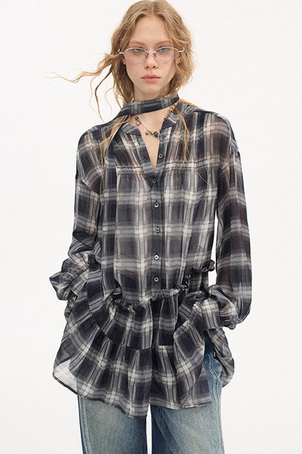 Drop Shoulder Plaid Blouse