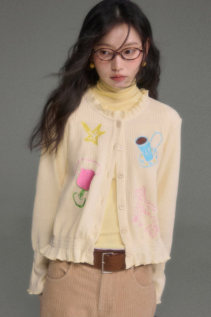 Hand-Painted Embroidered Bell-Sleeve Knit Cardigan