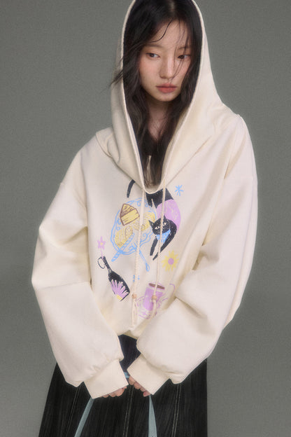 Cat Print Hooded Off-Shoulder Sweatshirt Shorts Set-Up