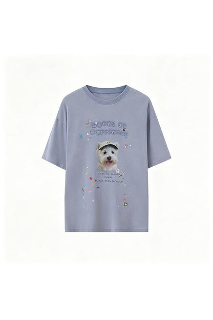 Rhinestone Cartoon Dog Drop Shoulder T-Shirt