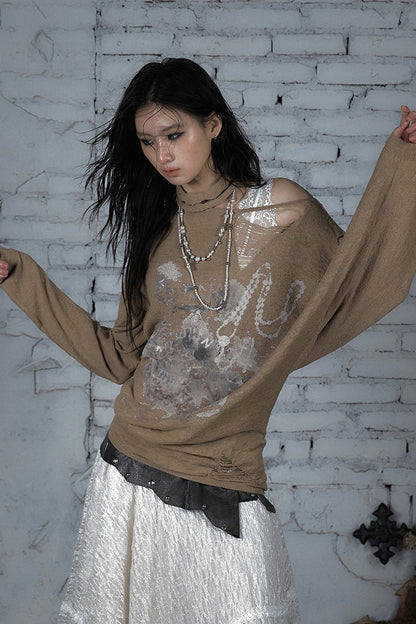 Ripped Off-Shoulder Punk Print Knit Top