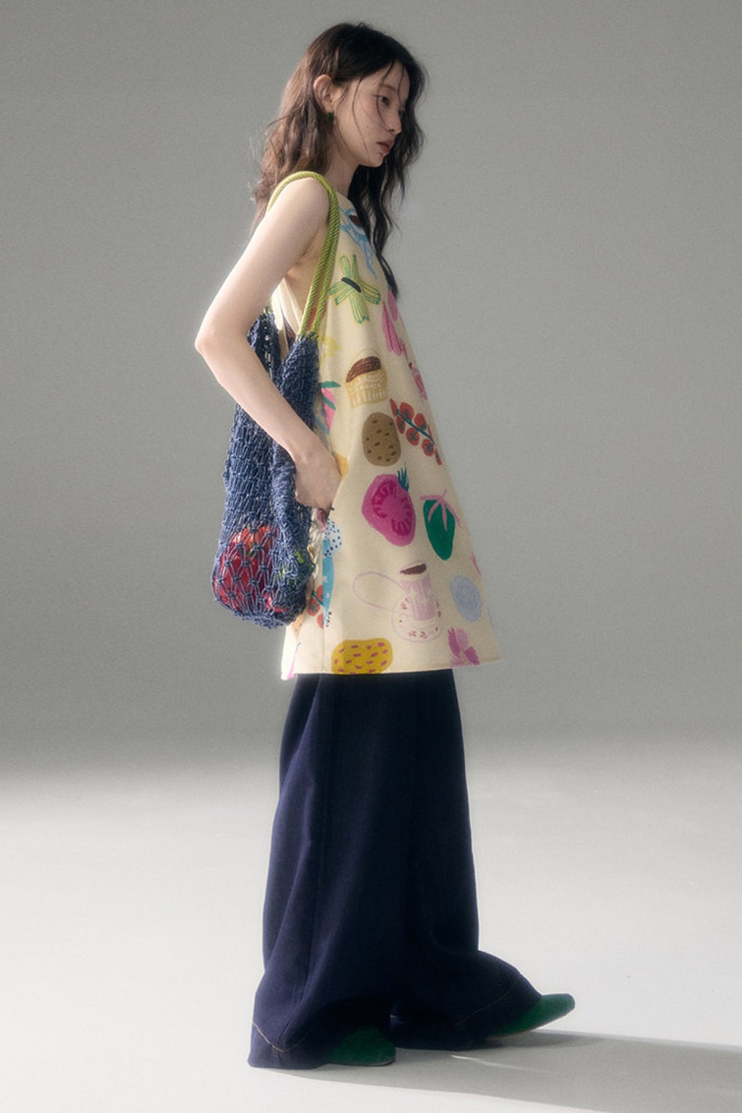Hand-Painted Fruit Vegetable Print Sleeveless Vest Dress