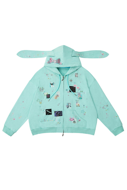 Bunny Ear Rhinestone Sticker Sweat Jacket