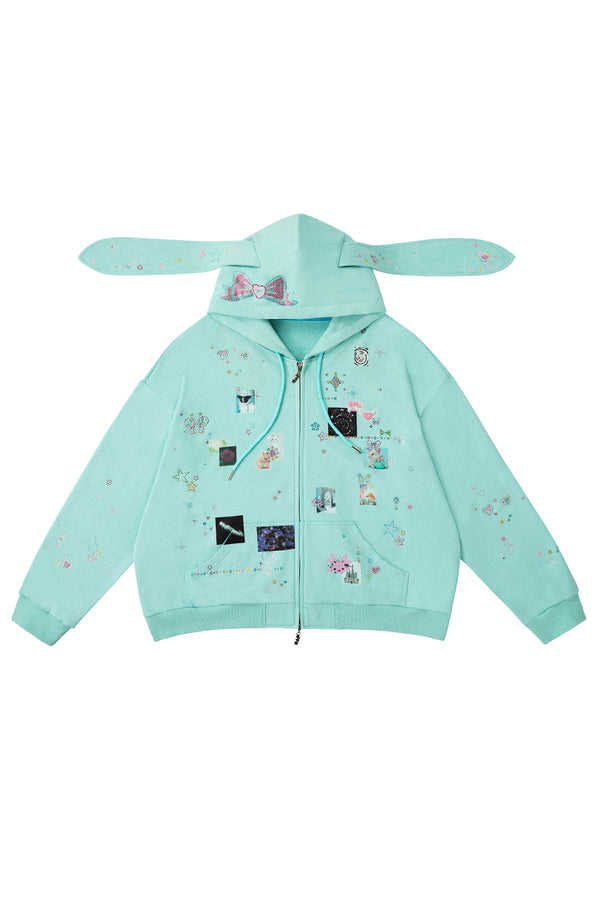 Bunny Ear Rhinestone Sticker Sweat Jacket