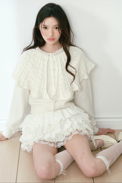 White Pearl Collar Cape Shawl Knit Sweater