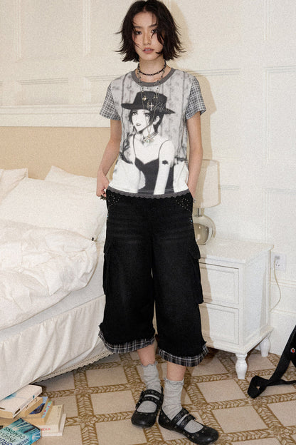 Patchwork Plaid Rhinestone Jeans