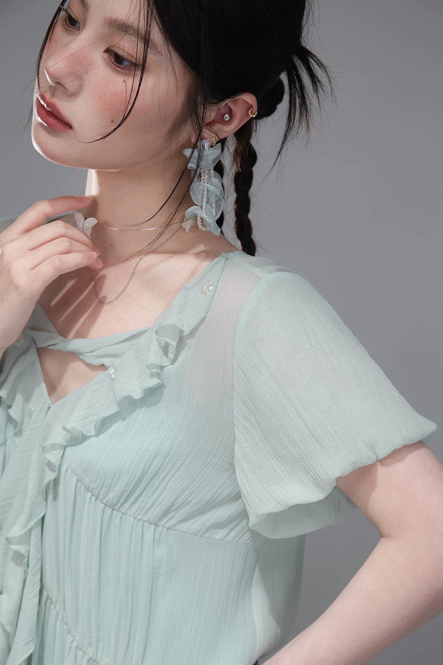 Lyocell Chiffon Puff Sleeve Dress