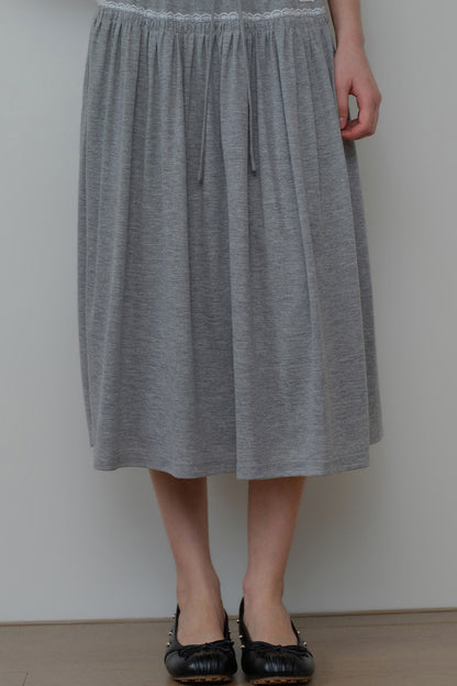 Gray Drawstring Lace Trim Midi Skirt