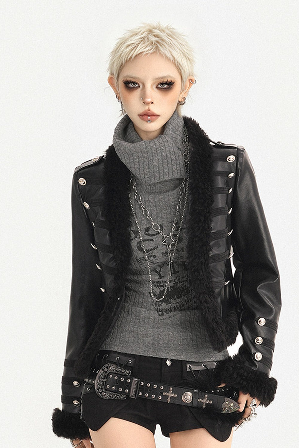 Black Leather Buttoned Fur Collar Jacket