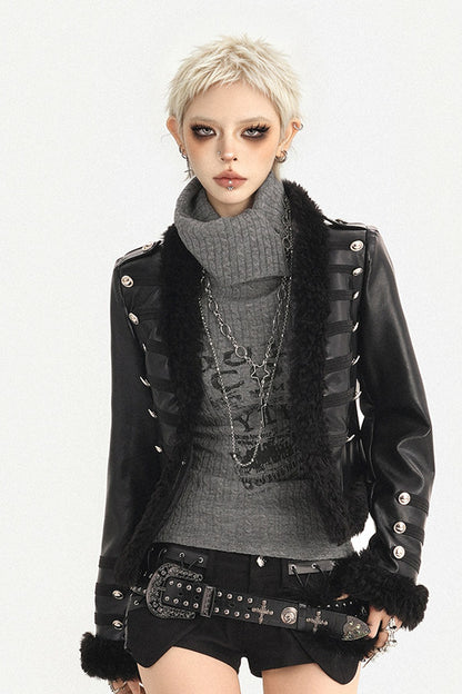 Black Leather Buttoned Fur Collar Jacket