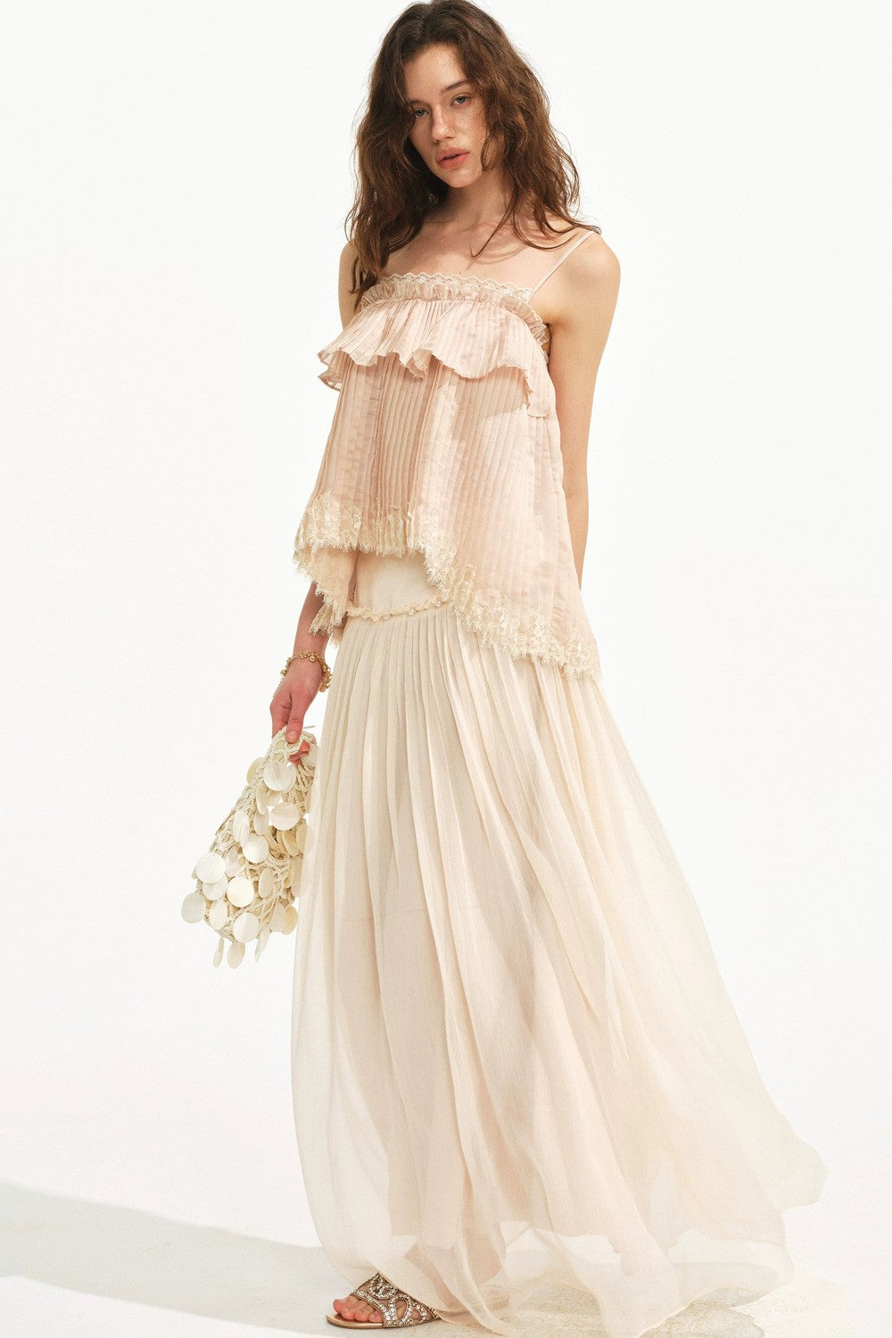Retro Pleated Lace Pearl Skirt Set-Up
