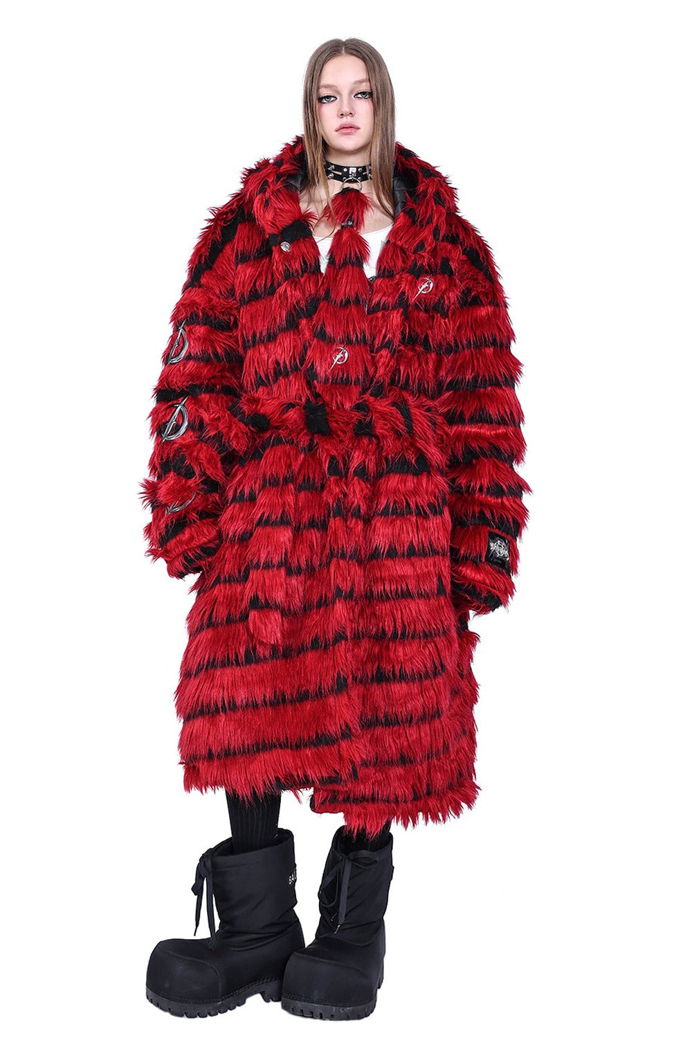 Oversized Silhouette Black Red Fur Coat