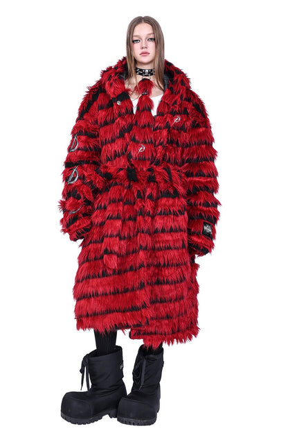 Oversized Silhouette Black Red Fur Coat