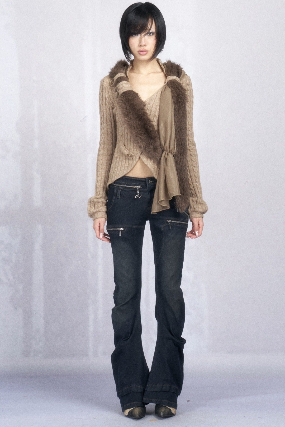 3D Asymmetric Cross-Over Detachable Fur Collar Cardigan