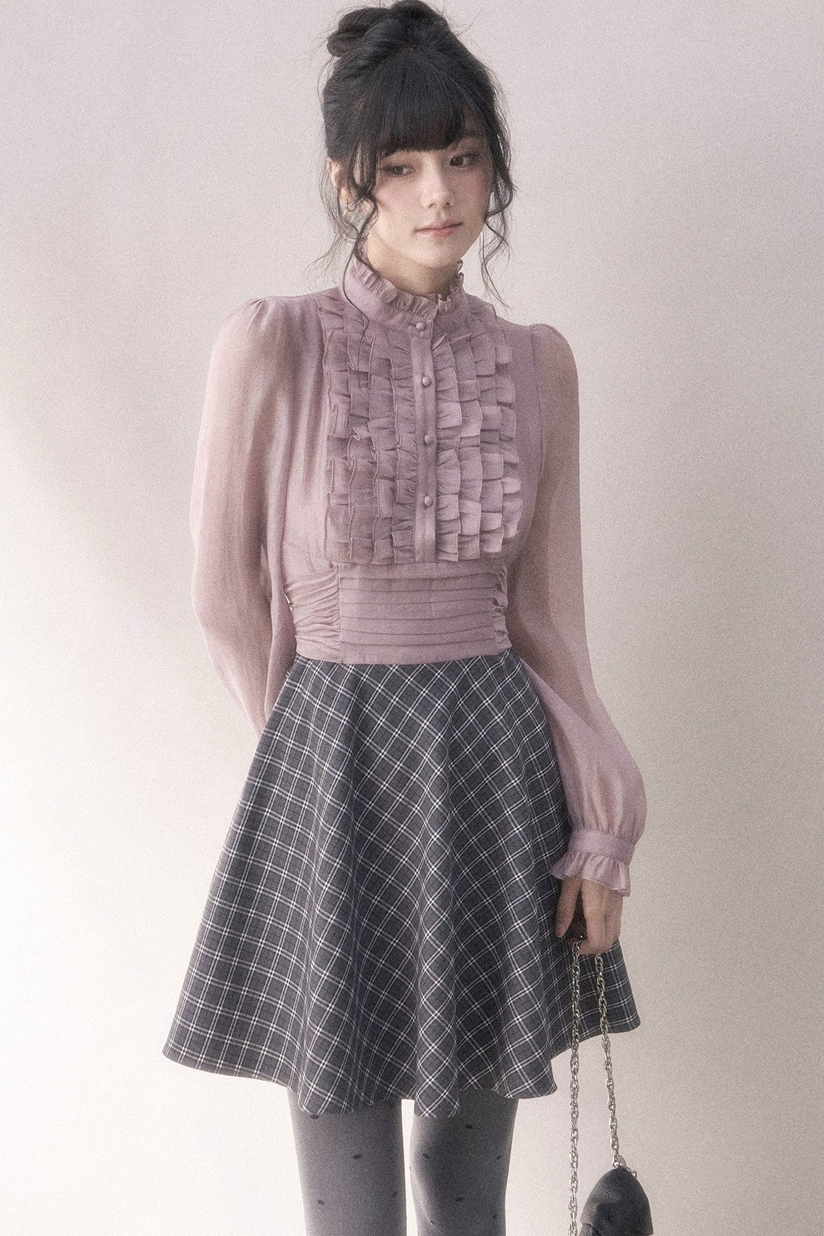 Gray-Purple Plaid Layered Pleated Stand-Collar Dress