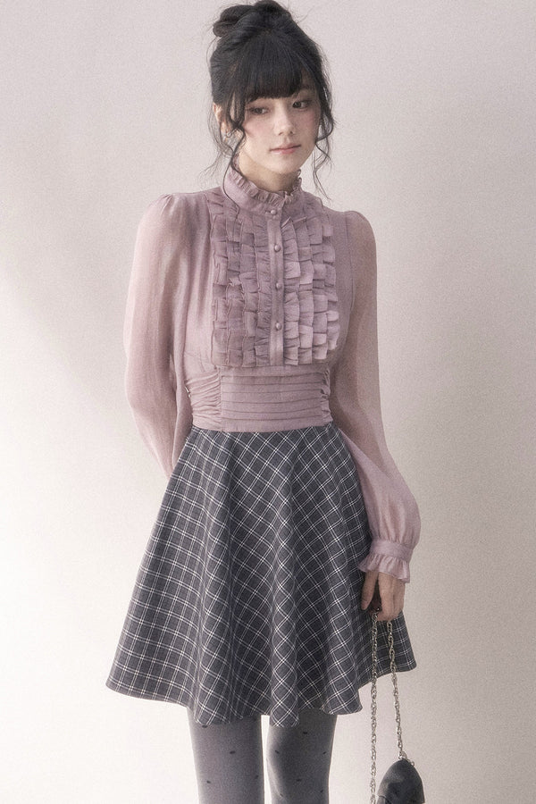 Gray-Purple Plaid Layered Pleated Stand-Collar Dress