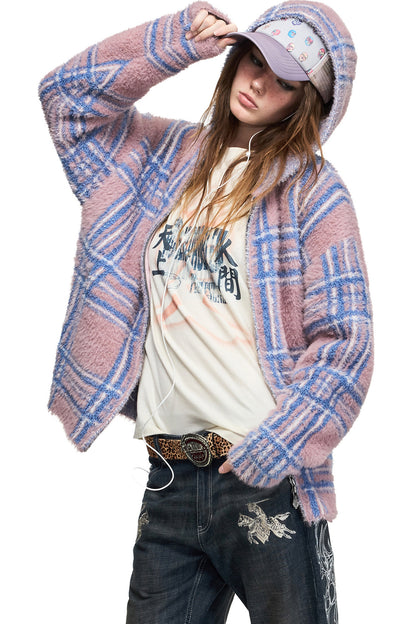 Gradient Plaid Faux Mink Cardigan