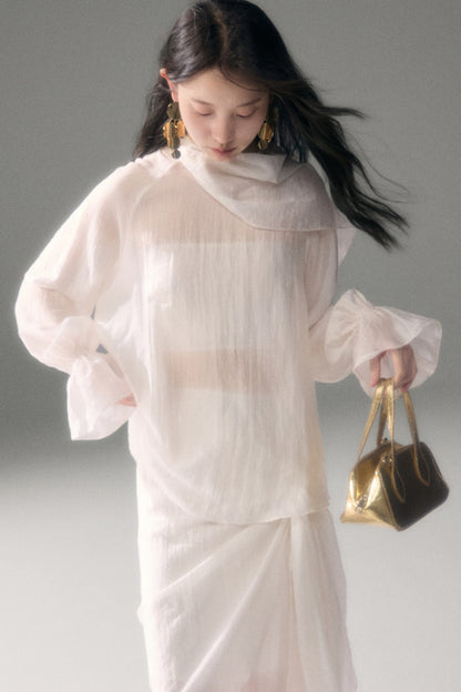 Moonlight Shawl Collar Bell Sleeve Shirt Tie-Up Skirt Set-Up