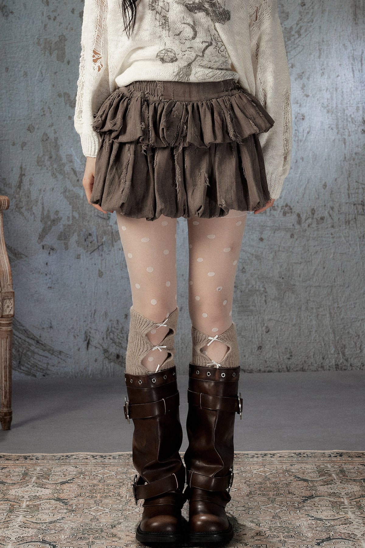 Brown Bud Waist Pleated Skirt