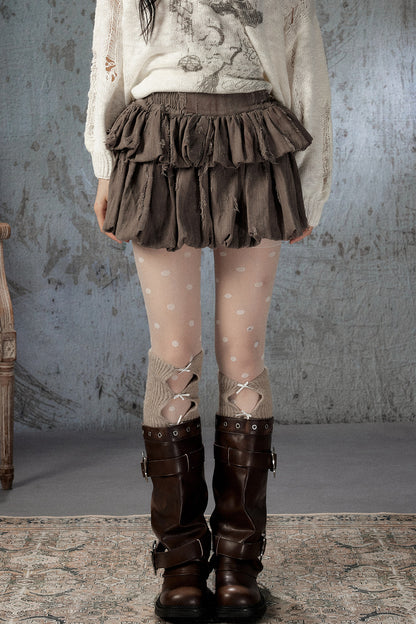 Brown Bud Waist Pleated Skirt