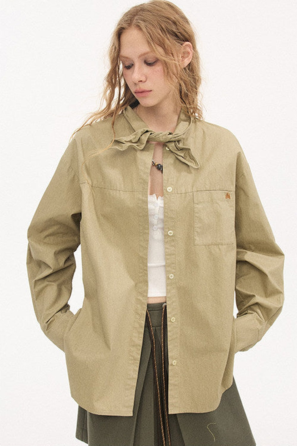 Washed Cotton Scarf-Style Blouse