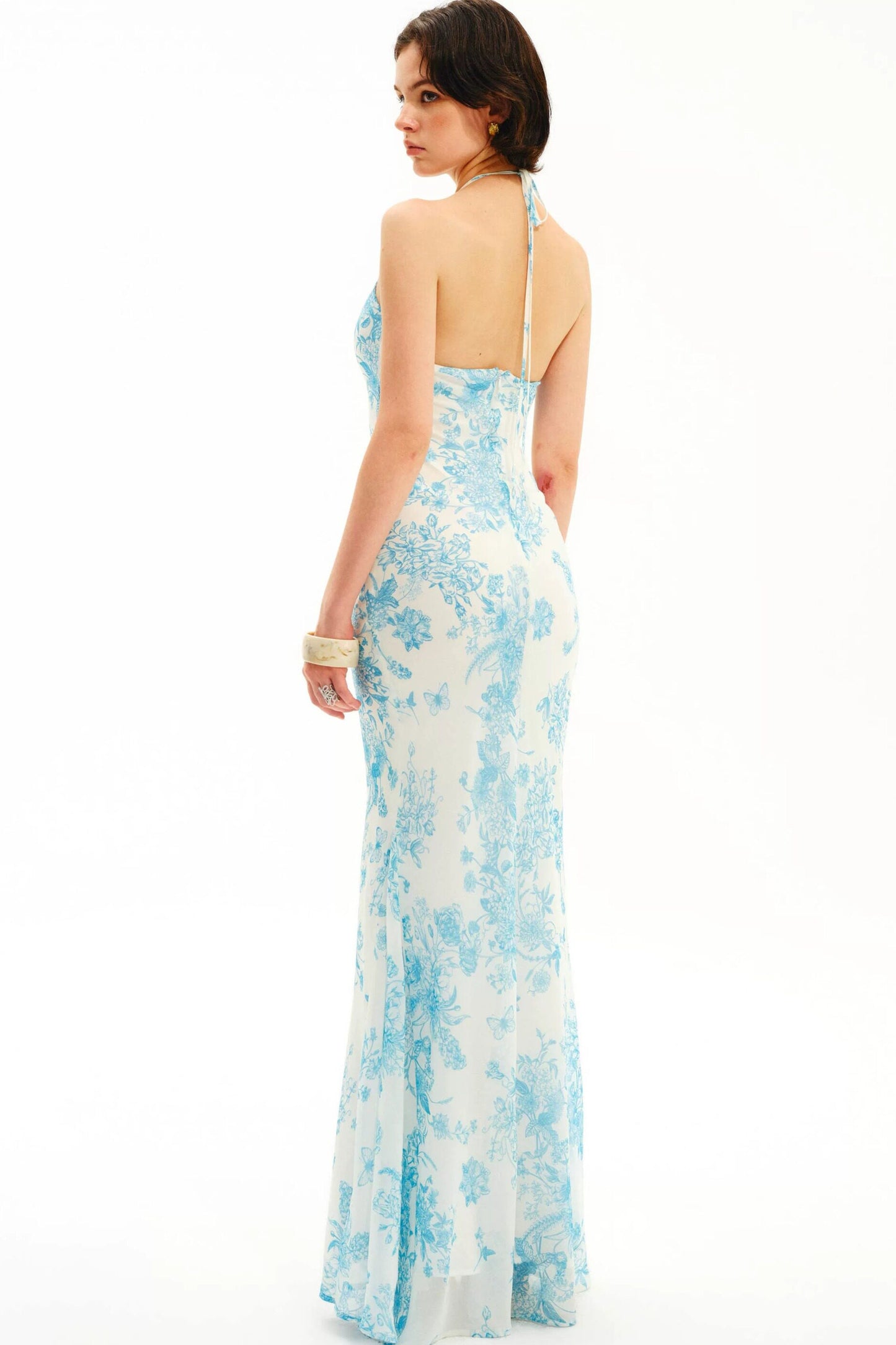 Blue Porcelain Floral Halter Maxi Dress