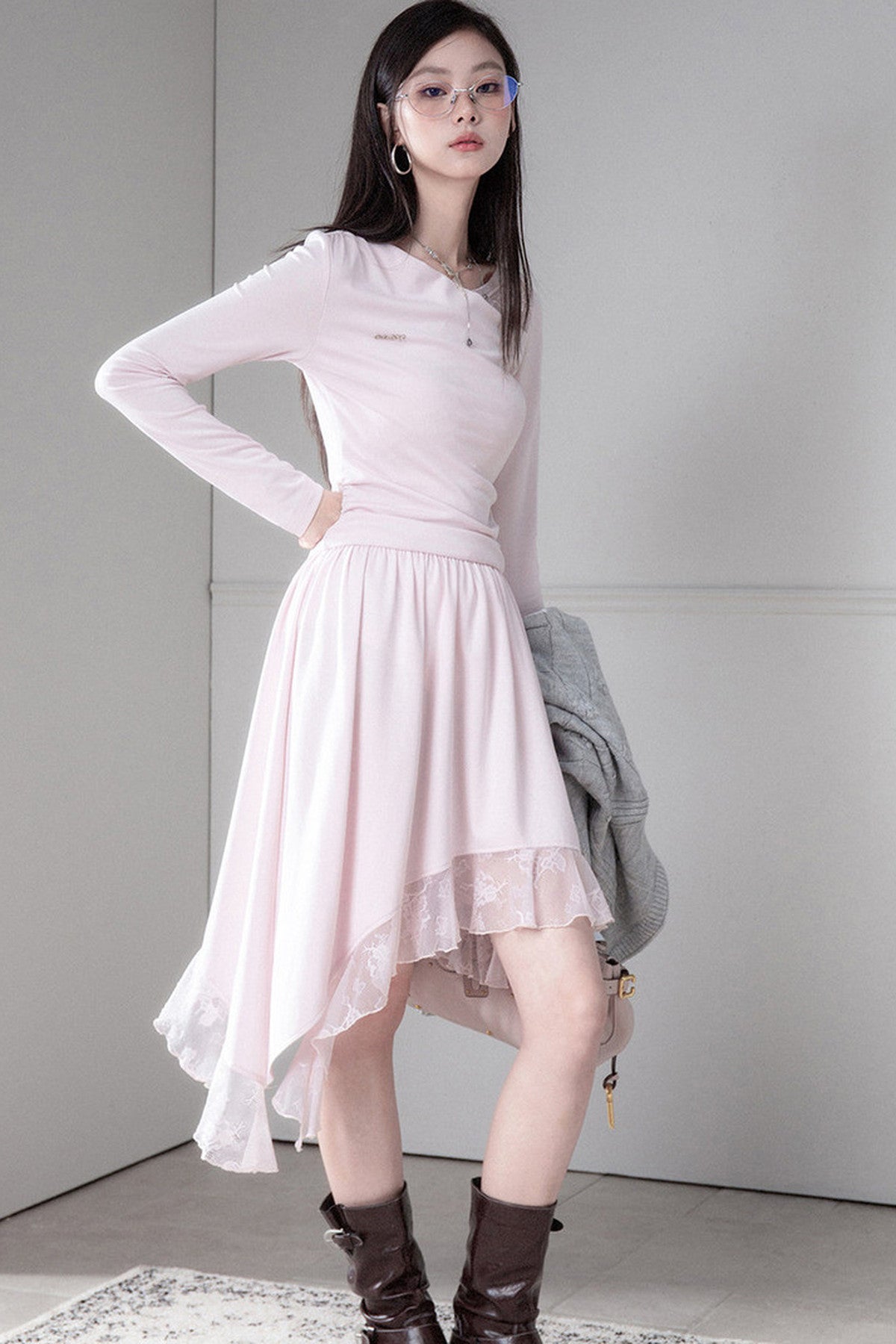 Asymmetrical Off-Shoulder Low-Waist Lace Knit Dress