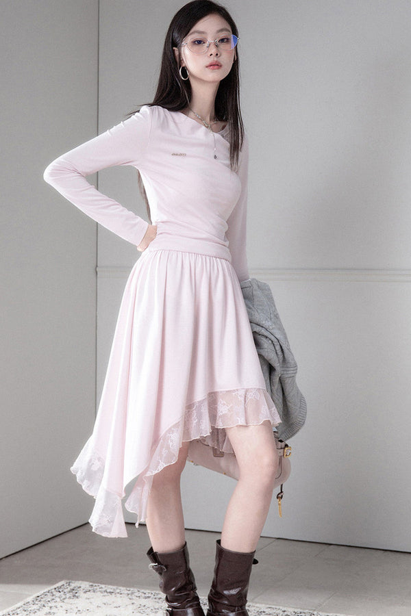 Asymmetrical Off-Shoulder Low-Waist Lace Knit Dress
