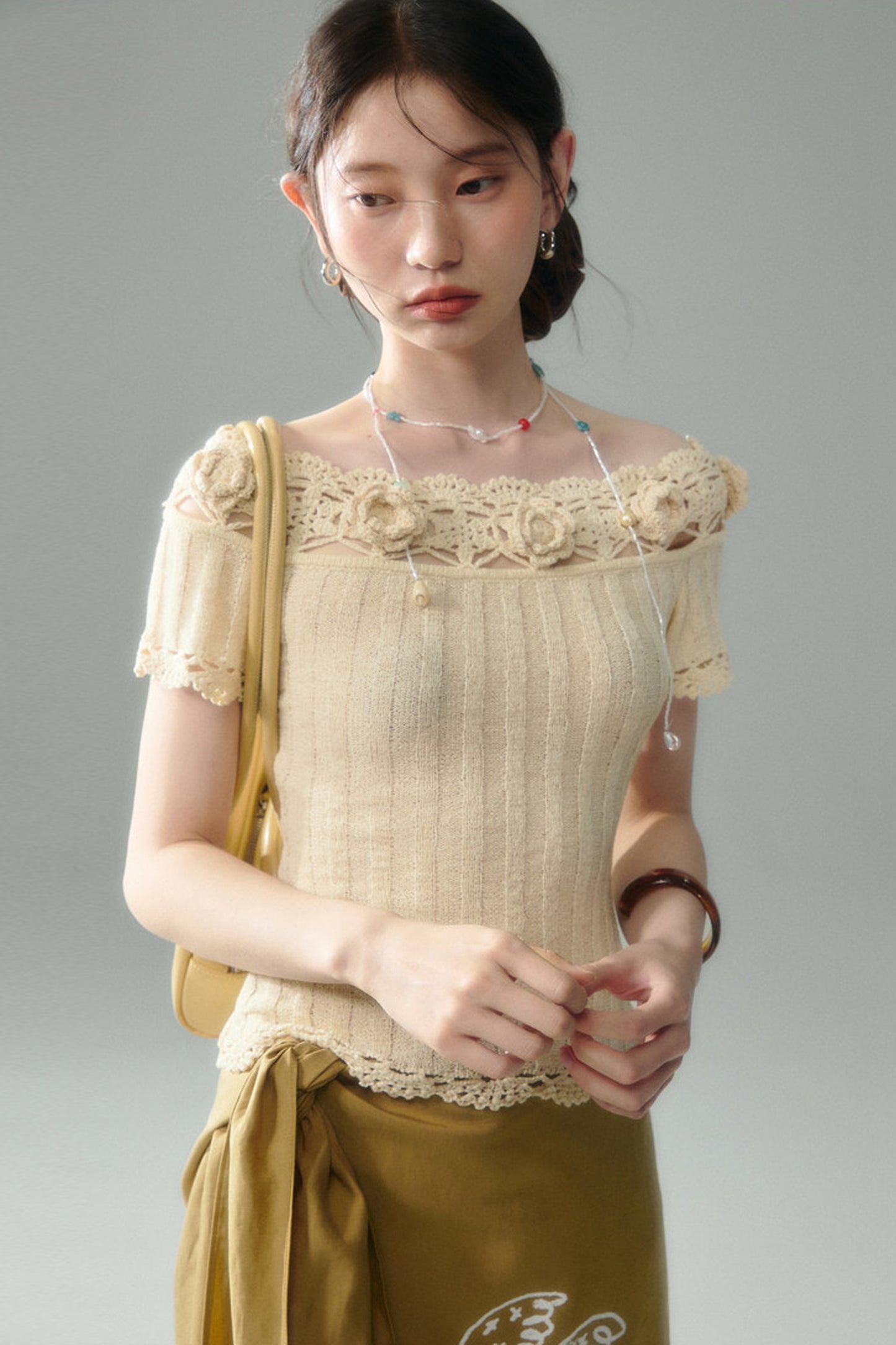 Handmade Crochet Camellia Off-Shoulder Knit Top