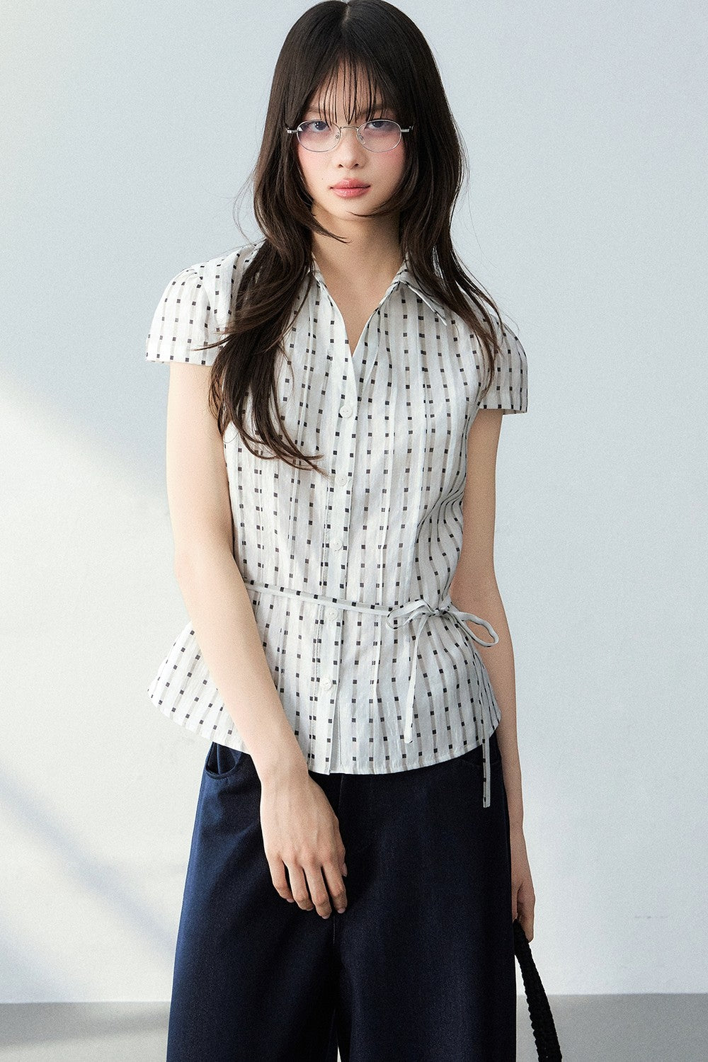 V-Neck Plaid Polka Dot Short Sleeve Shirt Set-Up