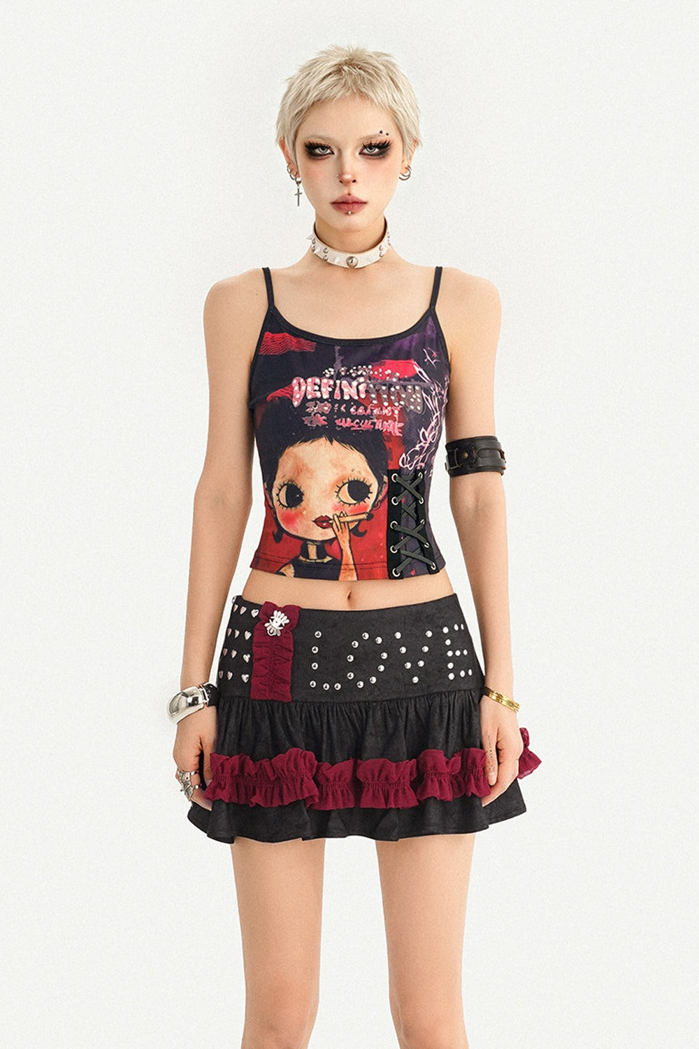 Y2K Graphic Tank Top and Rivet Tiered Skirt Set-Up