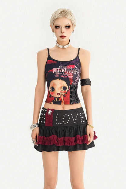 Y2K Graphic Tank Top and Rivet Tiered Skirt Set-Up