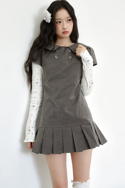 Gray Low-Waist Double-Breasted Patchwork Pleated Dress