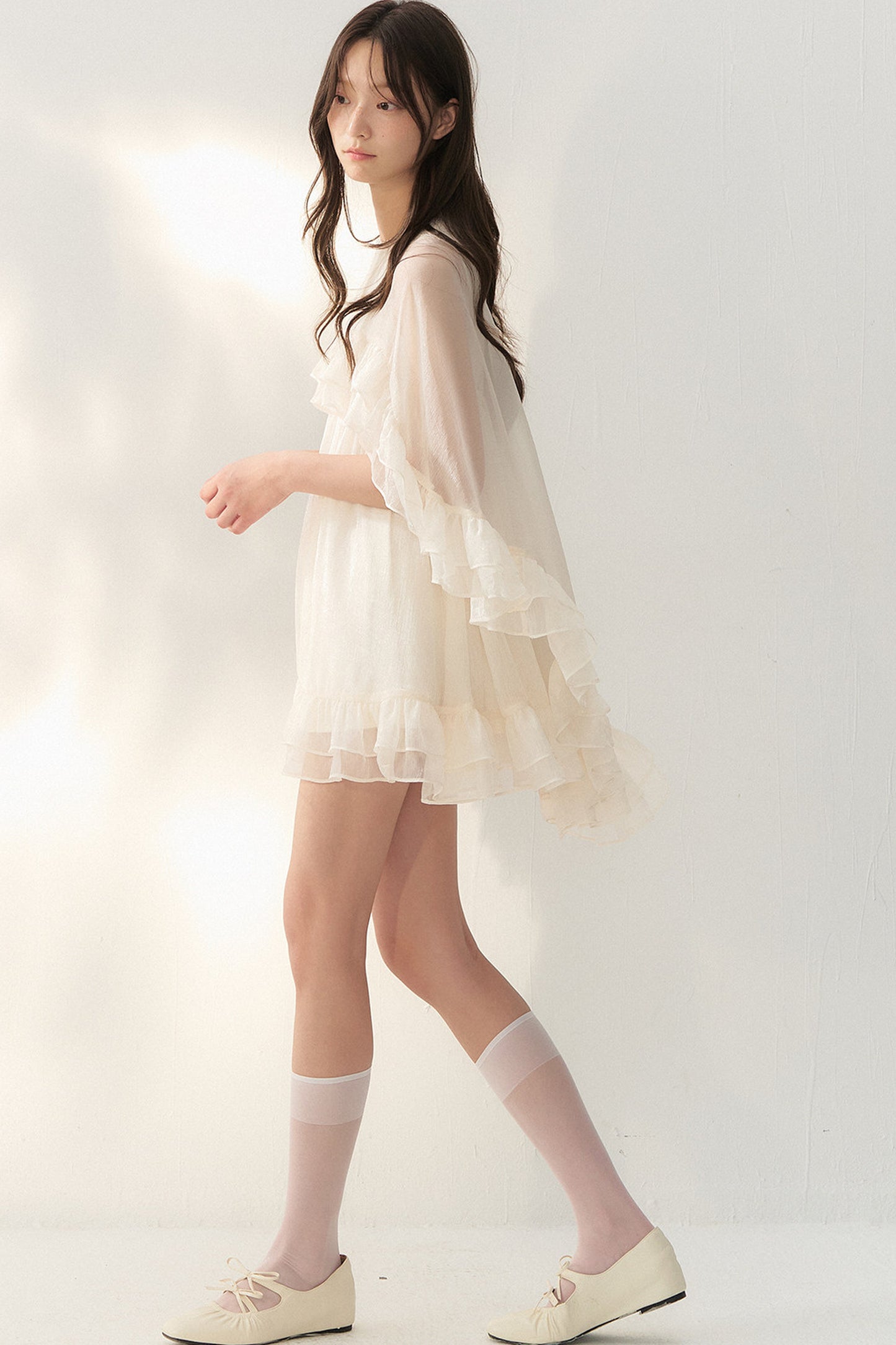 Beige Tulle Cape Ruffle Dress