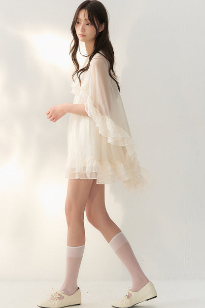 Beige Tulle Cape Ruffle Dress
