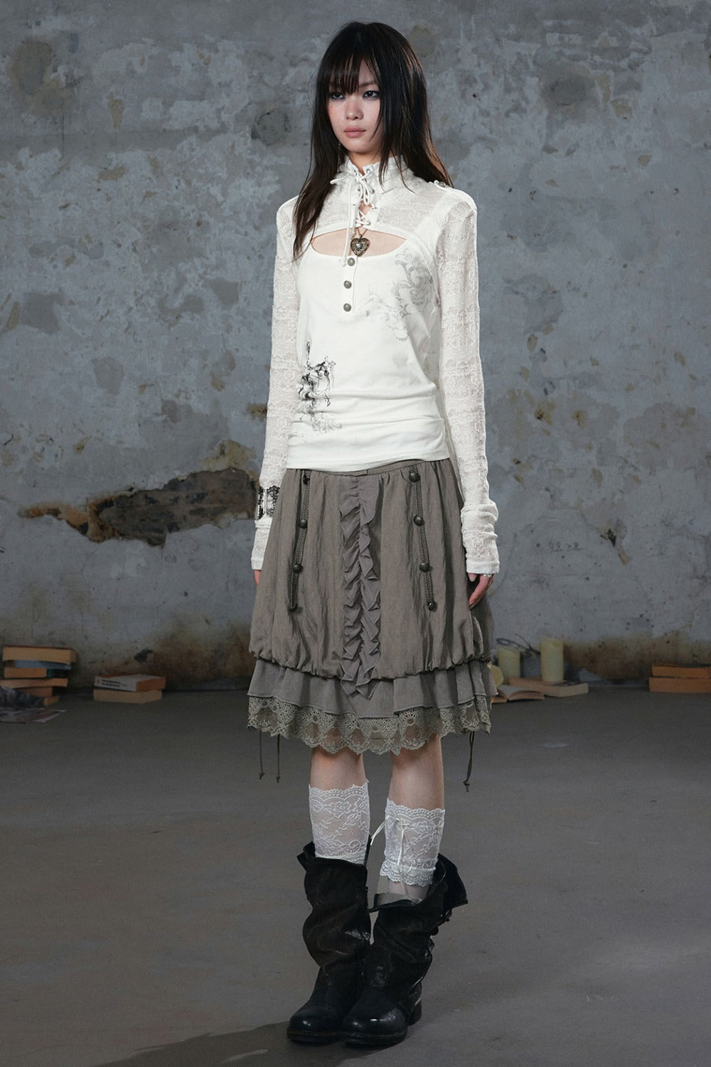 Tie-Neck Silver-Printed Long-Sleeve Top