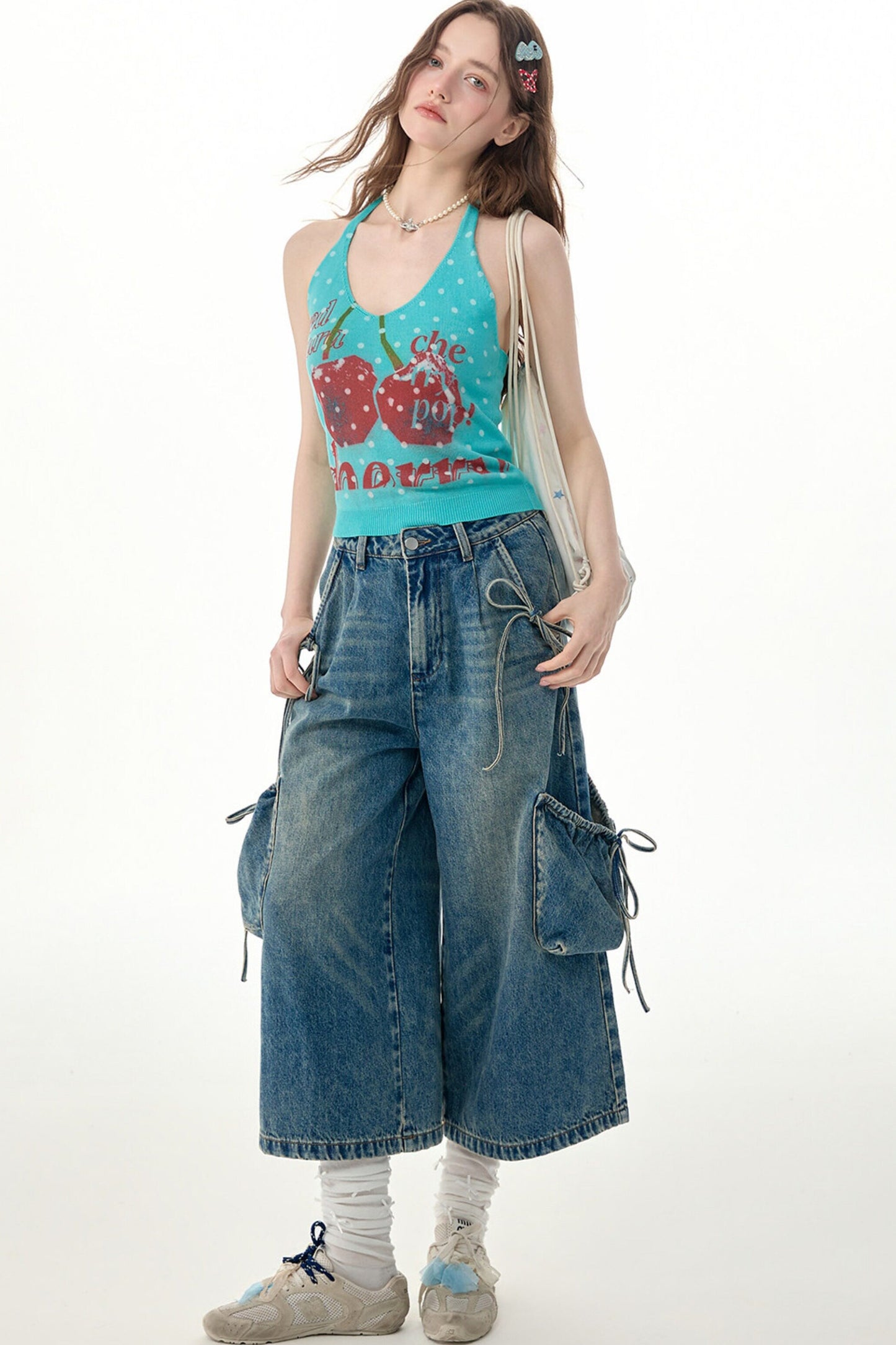 Blue Cherry Print Polka Dot Knit Halter Top