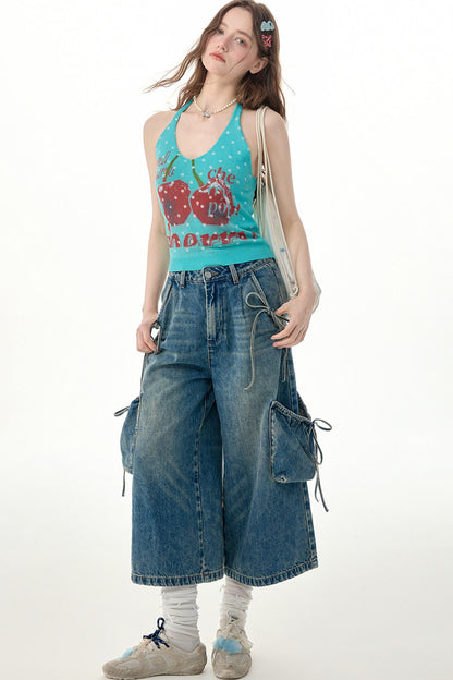 Blue Cherry Print Polka Dot Knit Halter Top