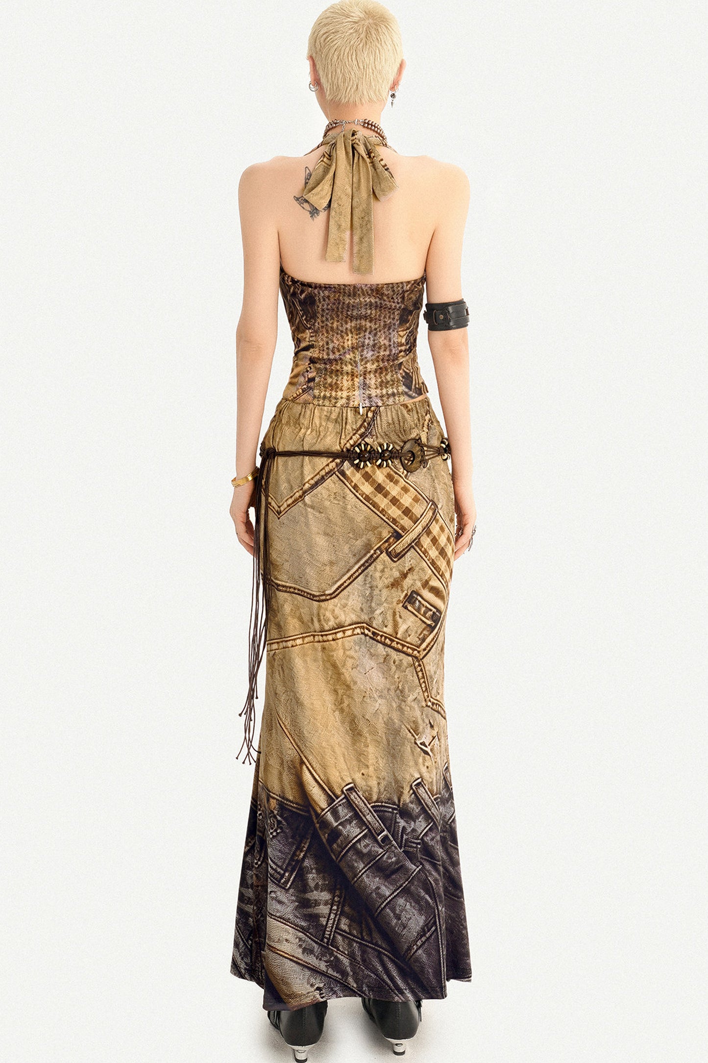 Wasteland Patchwork Lace Halter Top and Skirt Set-Up