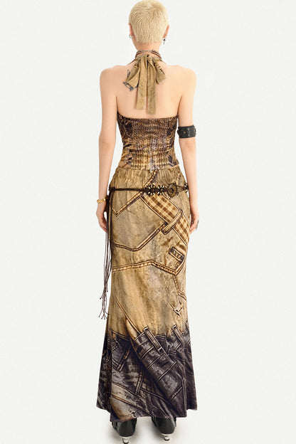 Wasteland Patchwork Lace Halter Top and Skirt Set-Up