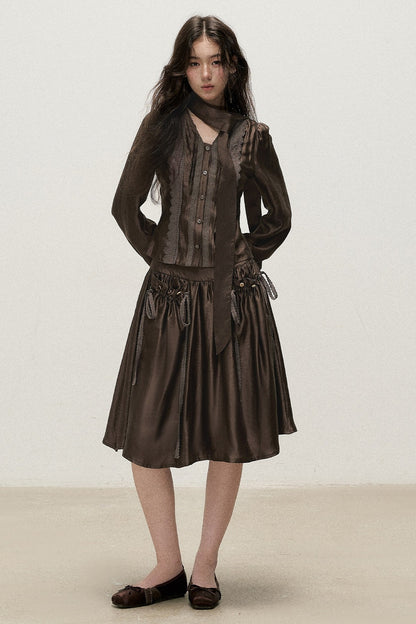 Botanical Lyocell V-Neck Ribbon Blouse And Skirt Set-Up