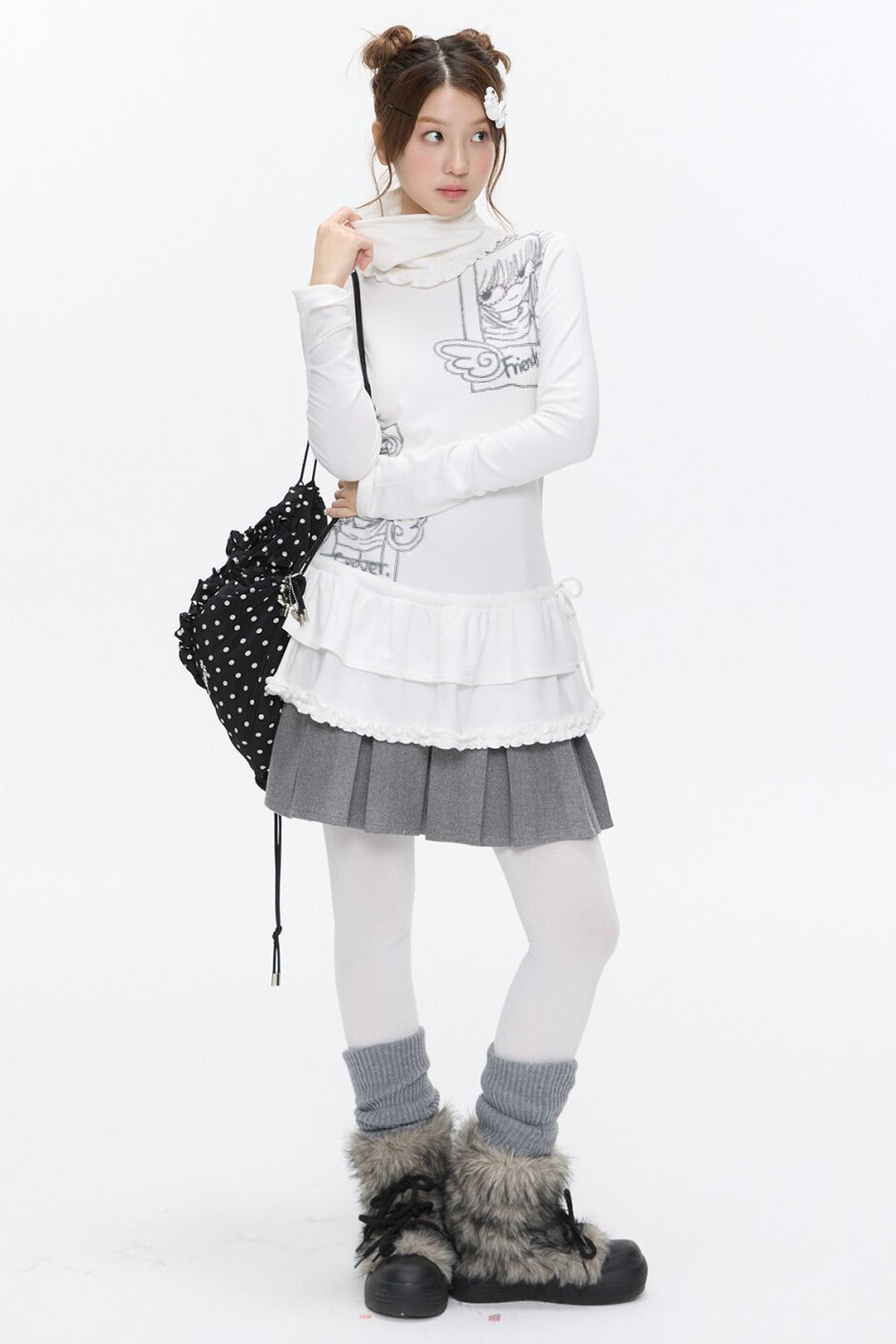 White Half-Turtleneck Printed Top