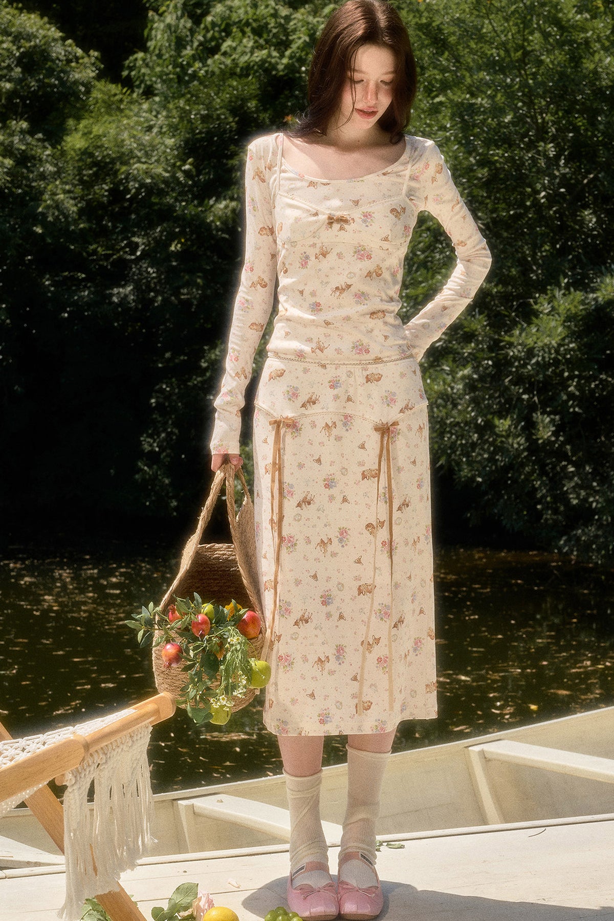 Deer Print Camisole Top Skirt Set-Up