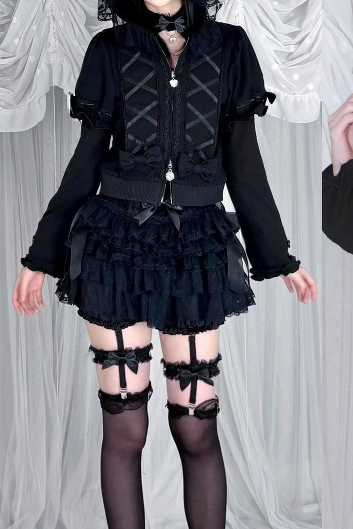 Black Cat Ear Sweatshirt Jacket and Pink Skirt Set-Up