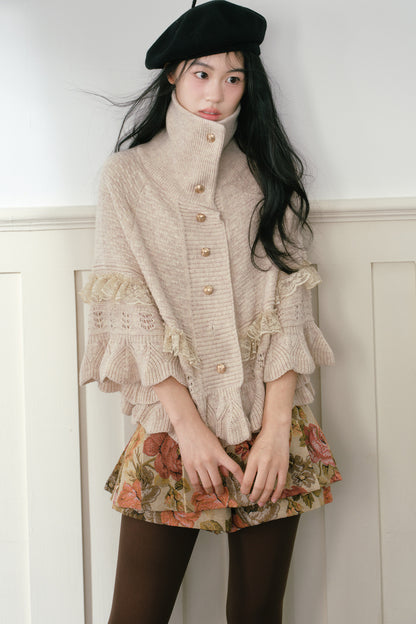 Oatmeal Ruffled Knit Cape Sweater